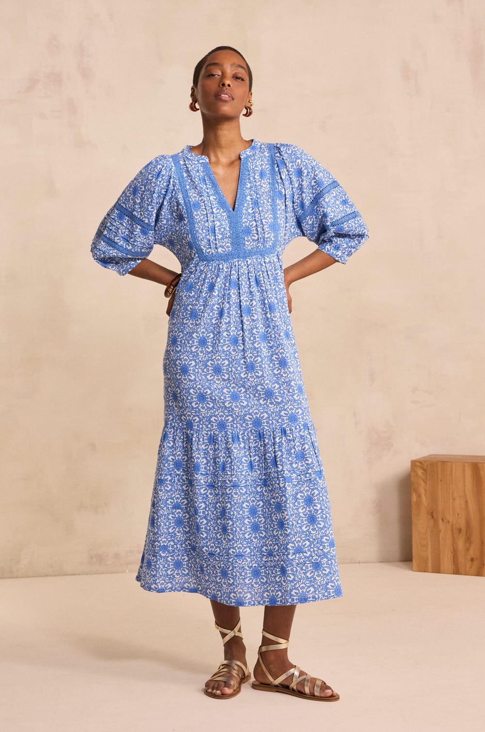 Long printed cotton blend lace dress LOLY;${refinementColor}