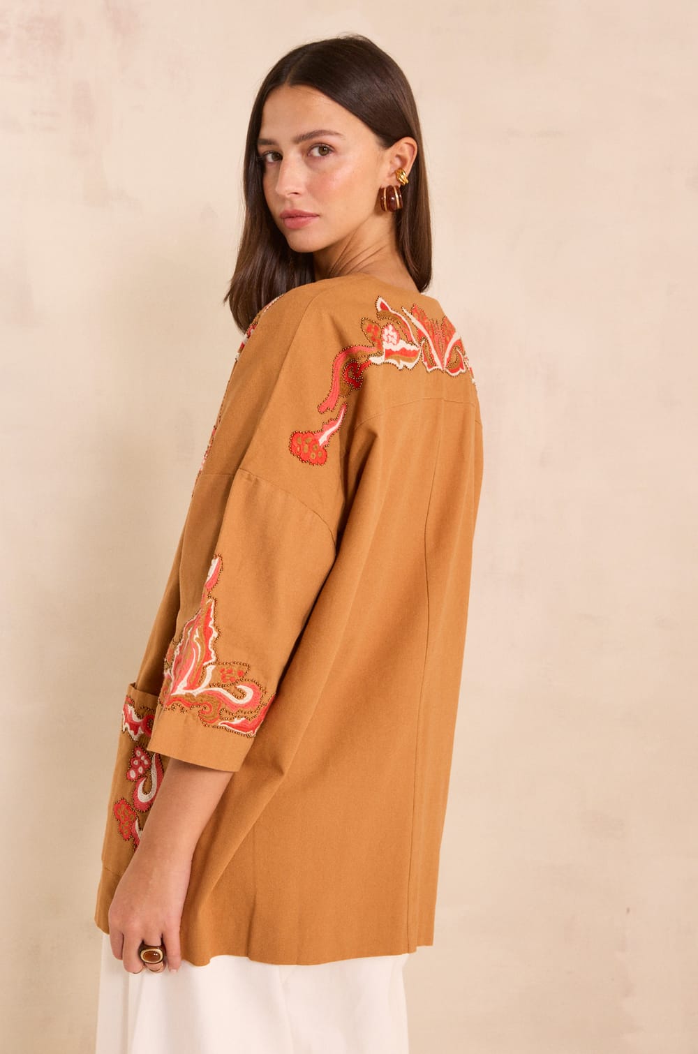 Embroidered 3/4 sleeve cotton jacket NOURIA;${refinementColor}