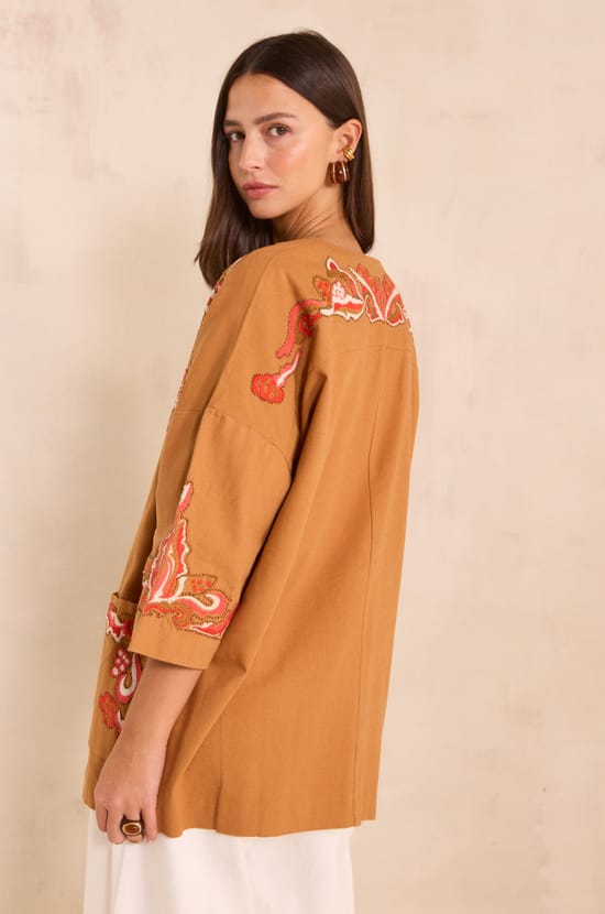 Embroidered 3/4 sleeve cotton jacket NOURIA;${refinementColor}