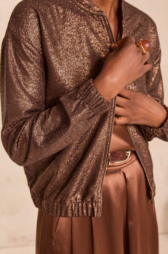 Teddy bomber jacket with sparkling threads;${refinementColor}