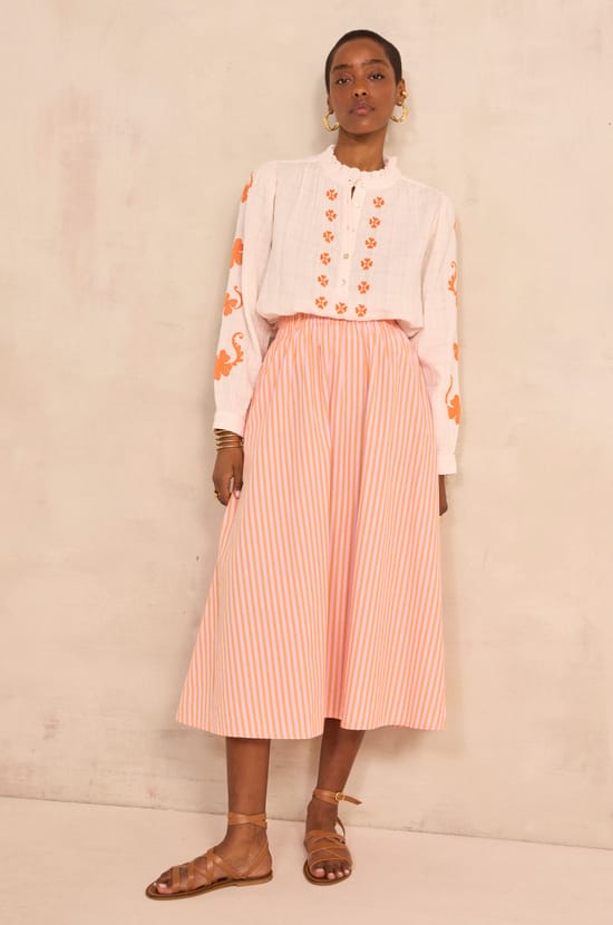 Cotton striped flowy midi skirt BRUNE;${refinementColor}