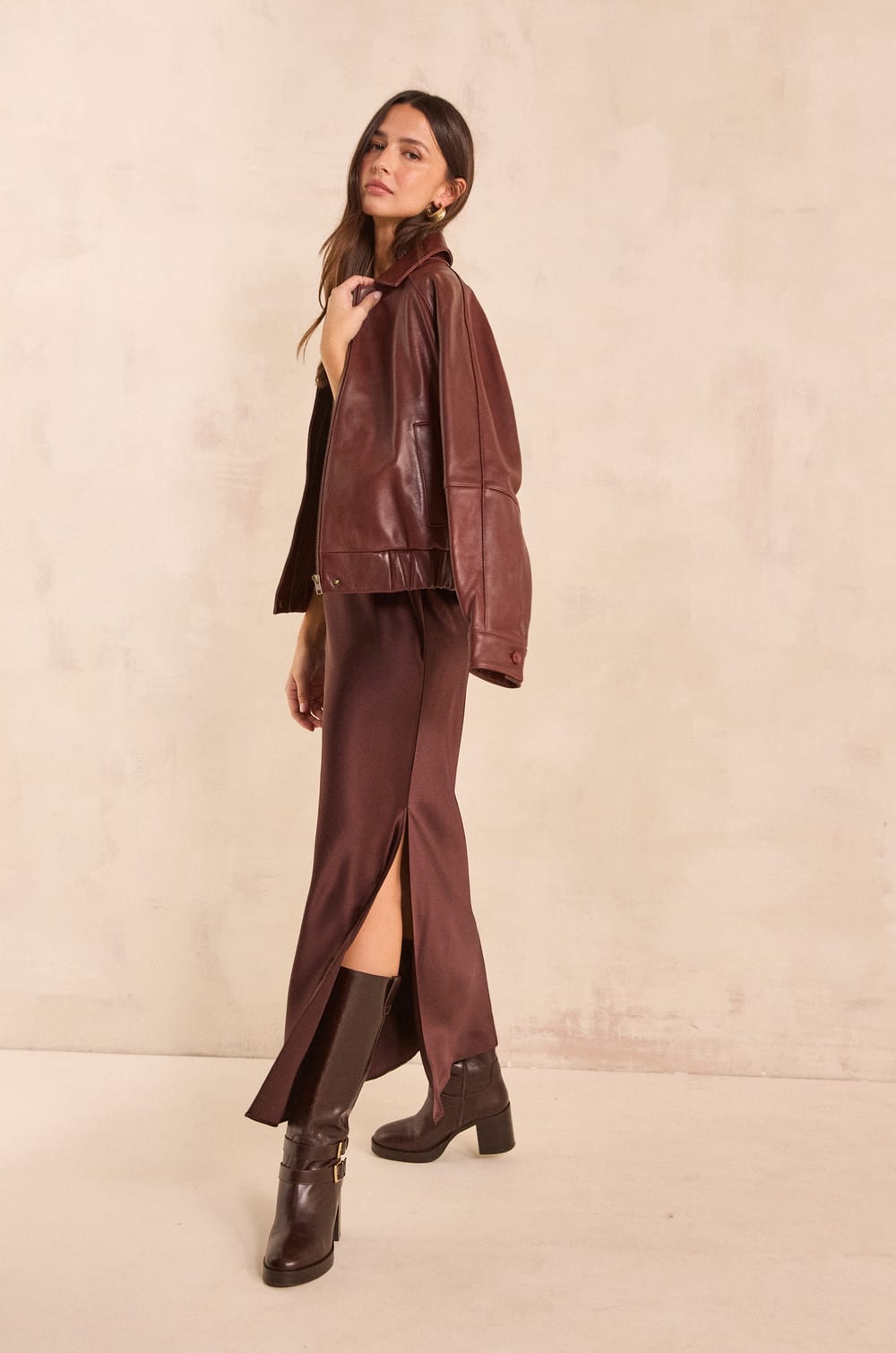 Straight satin dress REFLECTION;${refinementColor}