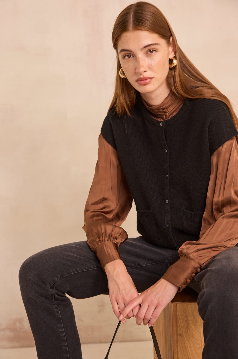 Satin blouse with bow tie collar SPIRIT;${refinementColor}