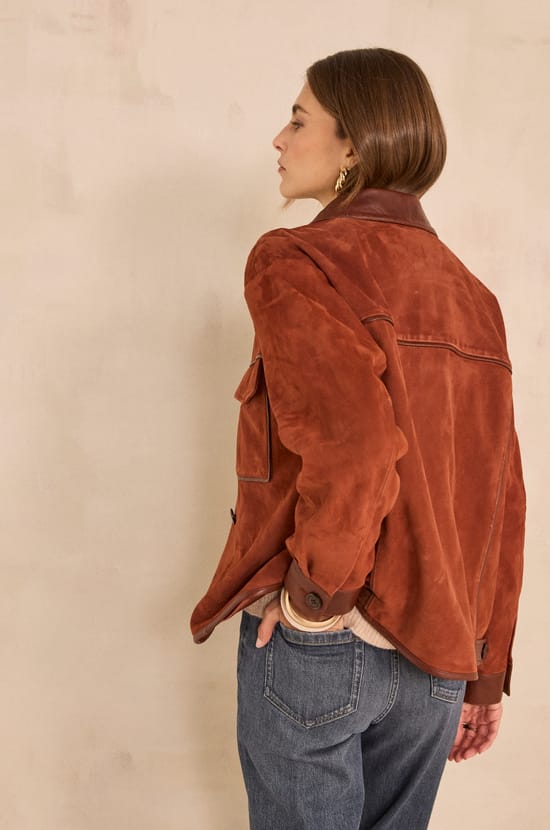 Brown suede leather jacket;${refinementColor}