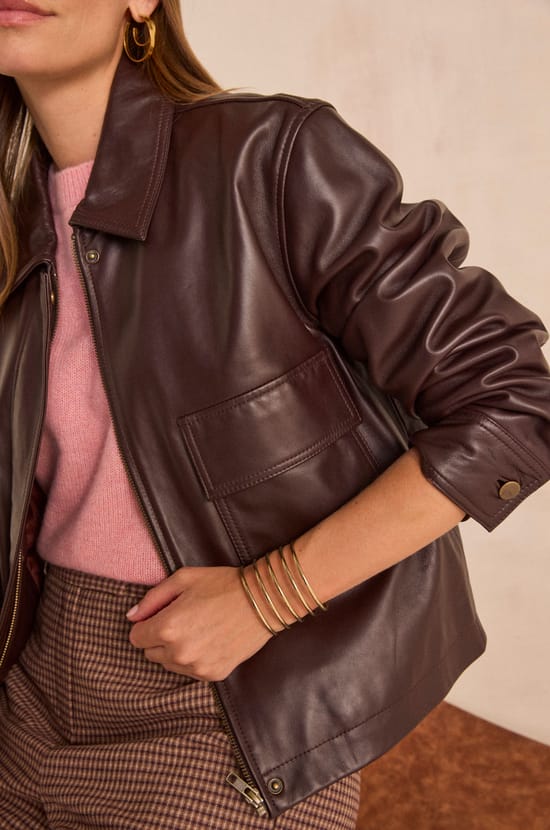 COCO leather long sleeve jacket;${refinementColor}