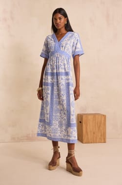 Short-sleeved printed dress in mixed cotton PRUNELLE;${refinementColor}