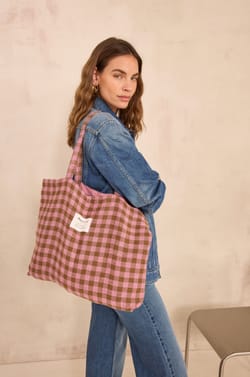 Mixed Cotton Checkered Tote Bag Small Size;${refinementColor}
