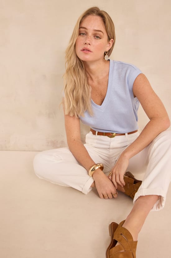 Sleeveless linen blend T-shirt LYNA;${refinementColor}