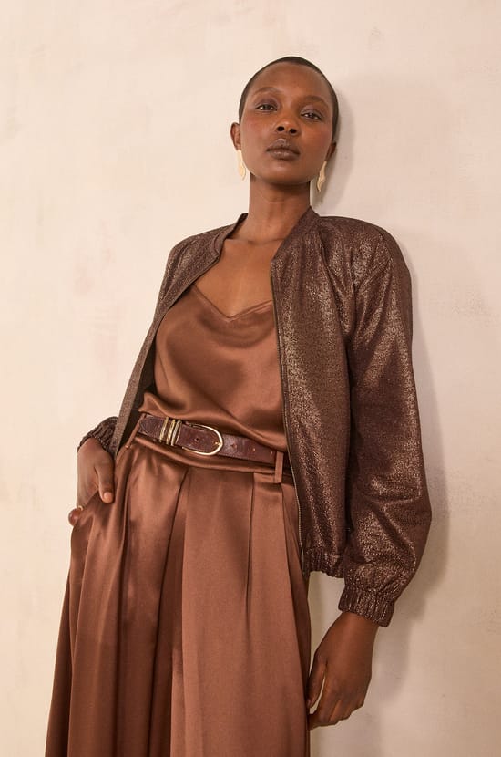 Teddy bomber jacket with sparkling threads;${refinementColor}