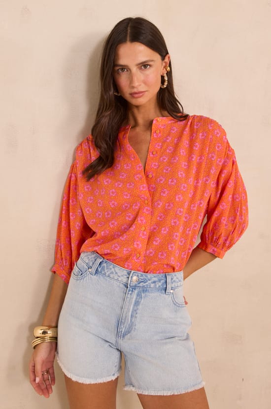 Printed 3/4 sleeve cotton blouse BLISS;${refinementColor}