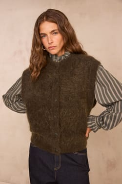 Khaki sleeveless cardigan in mixed mohair AYMIE;${refinementColor}