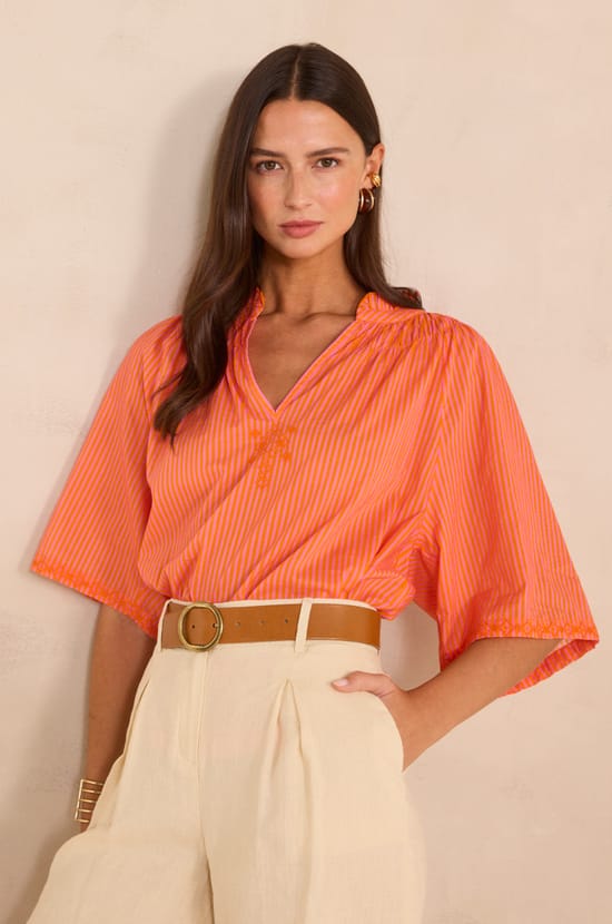 Striped short-sleeved cotton blouse SACHA;${refinementColor}