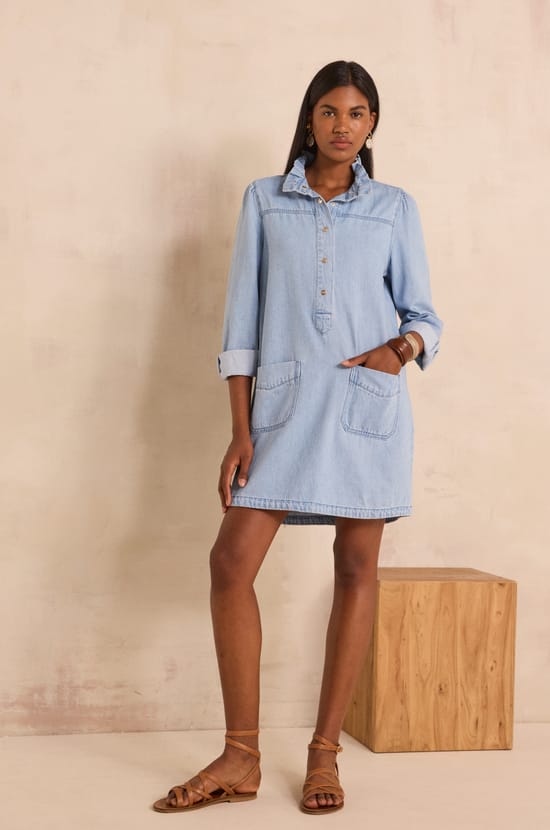 Straight denim dress with long sleeves in cotton BLAKE;${refinementColor}