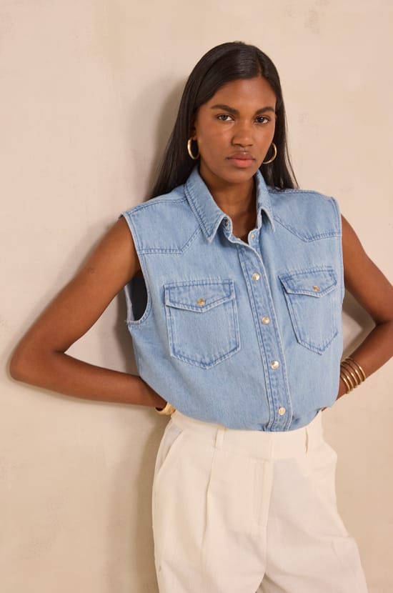 Sleeveless denim cotton blouse MACAO;${refinementColor}