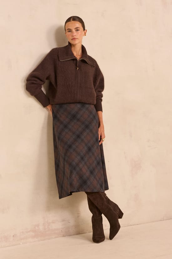 Flowy checkered cotton blend skirt VICKY;${refinementColor}