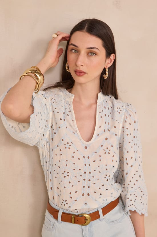 Embroidered wide sleeve cotton blouse DESILIA;${refinementColor}