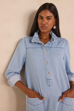 Straight denim dress with long sleeves in cotton BLAKE;${refinementColor}