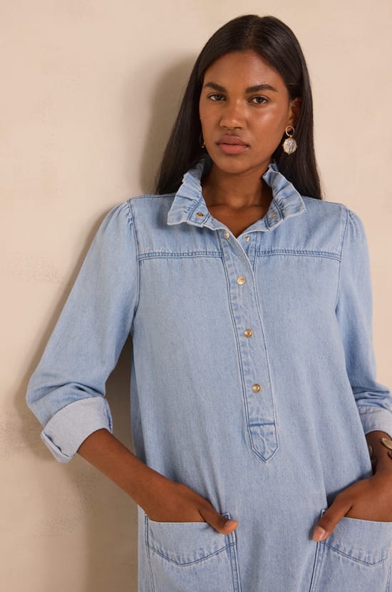 Straight denim dress with long sleeves in cotton BLAKE;${refinementColor}
