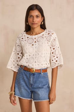 Pull crochet&eacute; &agrave; manches 3/4 en coton PENELOPPE;${refinementColor}