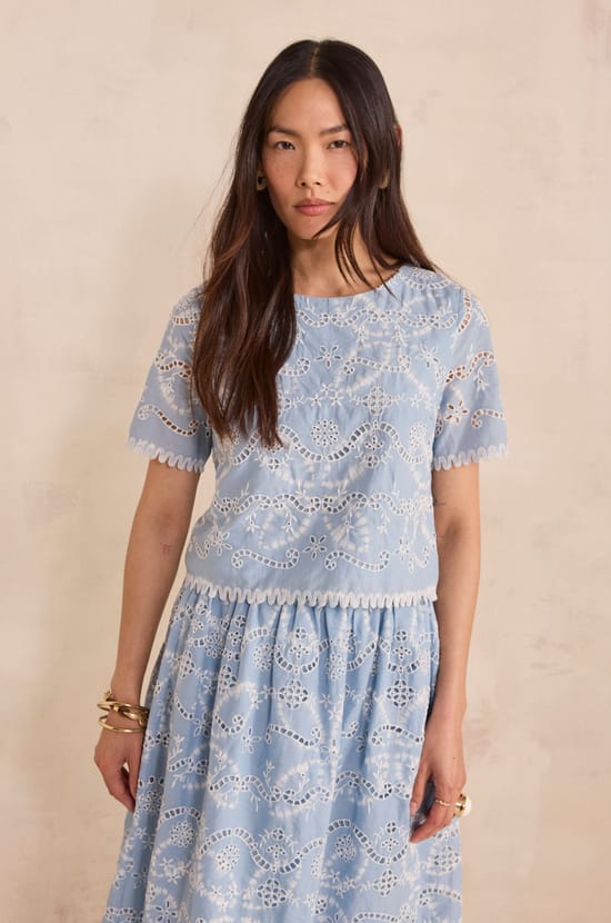 Embroidered blouse with 3/4 sleeves cotton DANTY;${refinementColor}