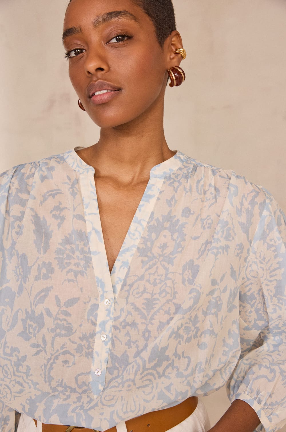 Printed 3/4 sleeve cotton blouse DEVONA;${refinementColor}