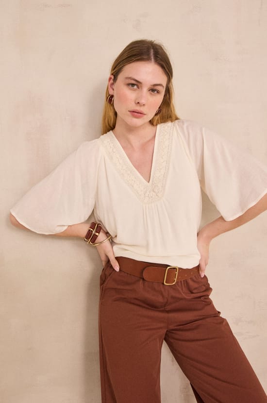 Embroidered blouse with 3/4 sleeves DEBORAH;${refinementColor}