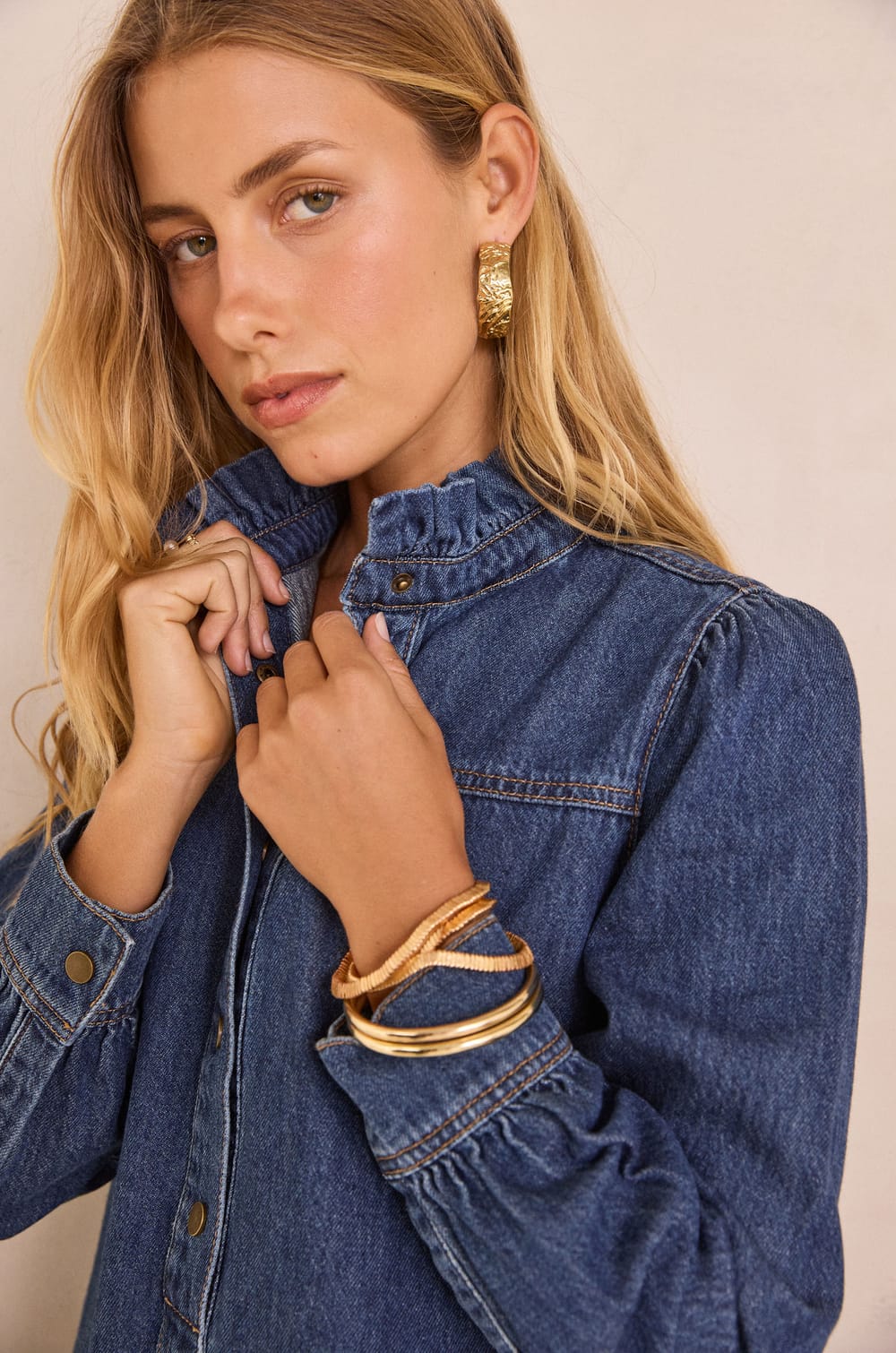Denim shirt dress with high collar BLAKE;${refinementColor}