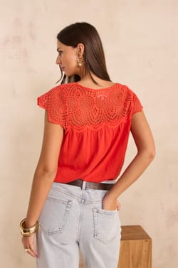 Top brod&eacute; &agrave; manches courtes en coton LILOU;${refinementColor}