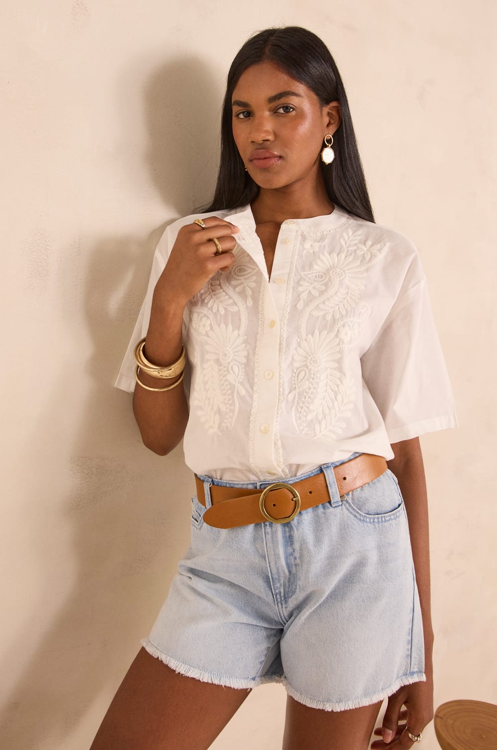 Embroidered short-sleeve cotton blouse MAHE;${refinementColor}