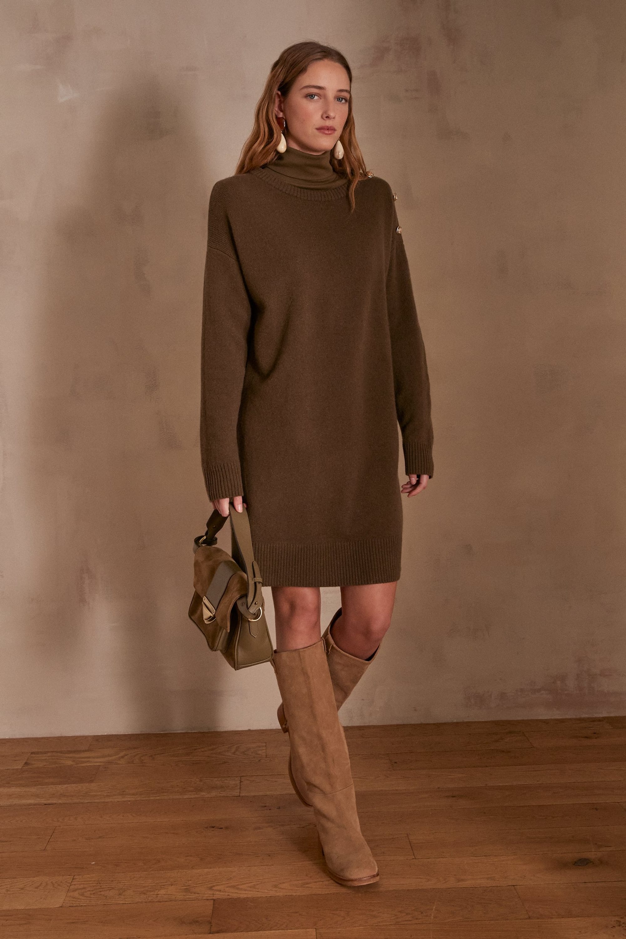 ワンピース Leather Trimmed Wool Jumper Dress Wool jumper dress in 100% wool LINA woman | KHAKI | Maison 123