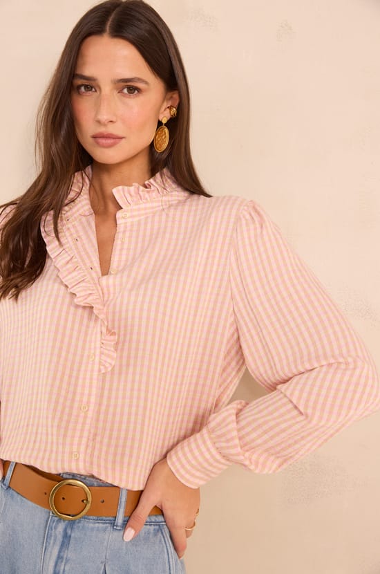 Long-sleeved checkered print blouse SALIA;${refinementColor}