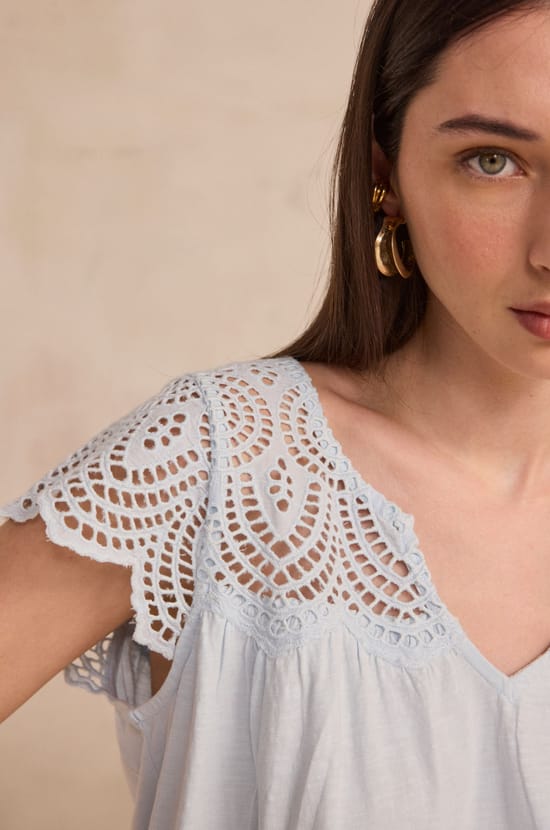 Embroidered short-sleeve cotton top LILOU;${refinementColor}