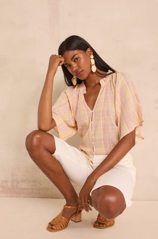 Blouse manches courtes &agrave; carreaux en coton MADDY;${refinementColor}