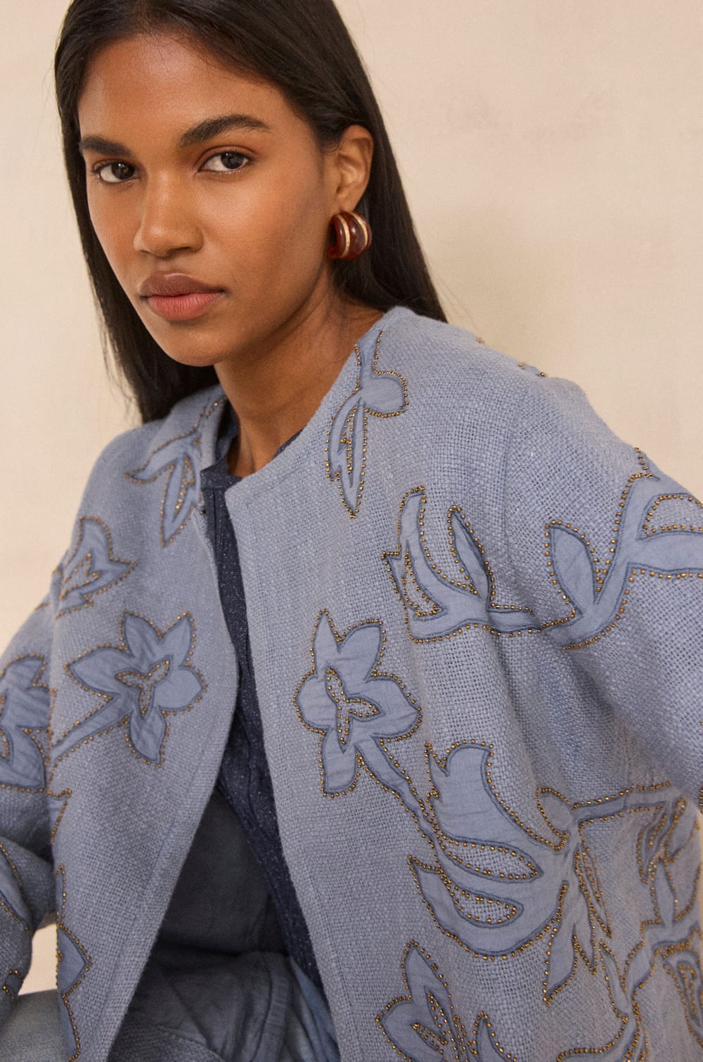 Embroidered long sleeve cotton jacket VITALIE;${refinementColor}