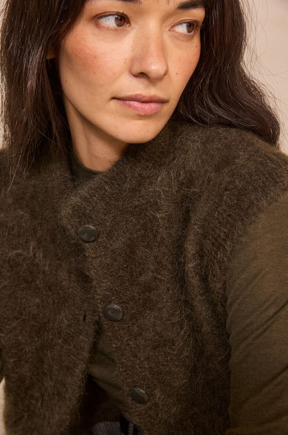 Khaki sleeveless cardigan in mixed mohair AYMIE;${refinementColor}