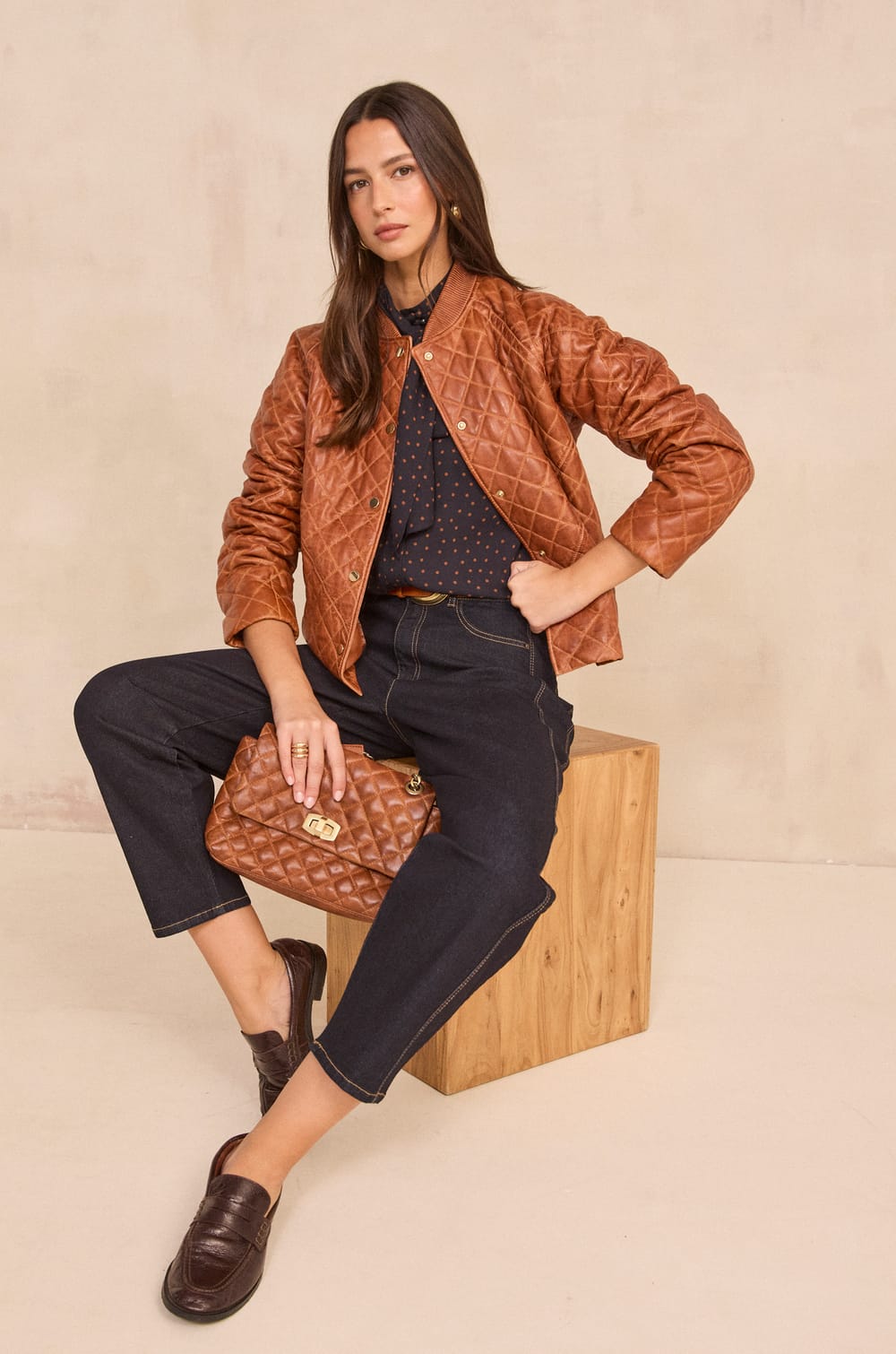 Cinnamon quilted leather jacket BETSY;${refinementColor}