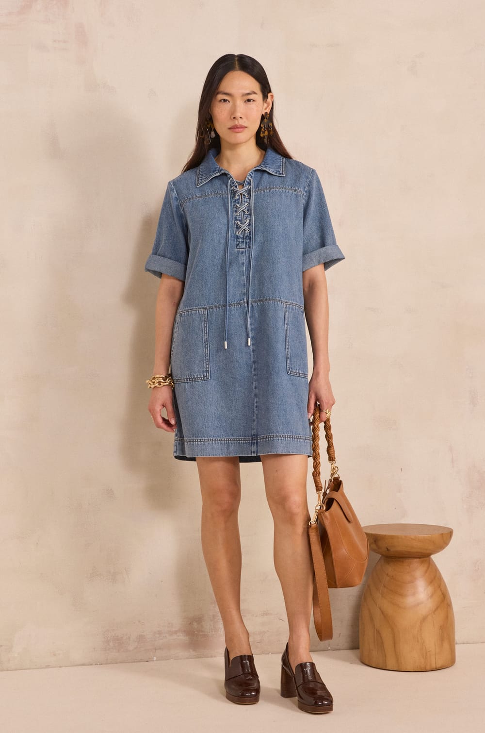 Robe droite en denim BLANCHE;${refinementColor}