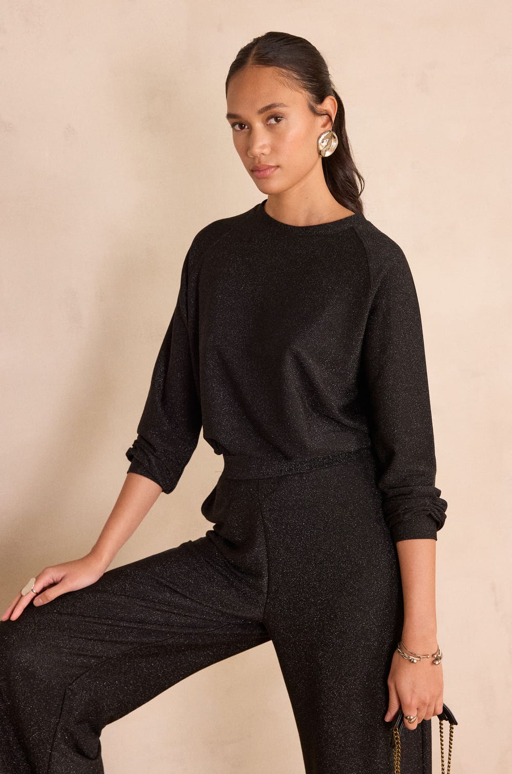 Long-sleeved sequined top FLAMME;${refinementColor}
