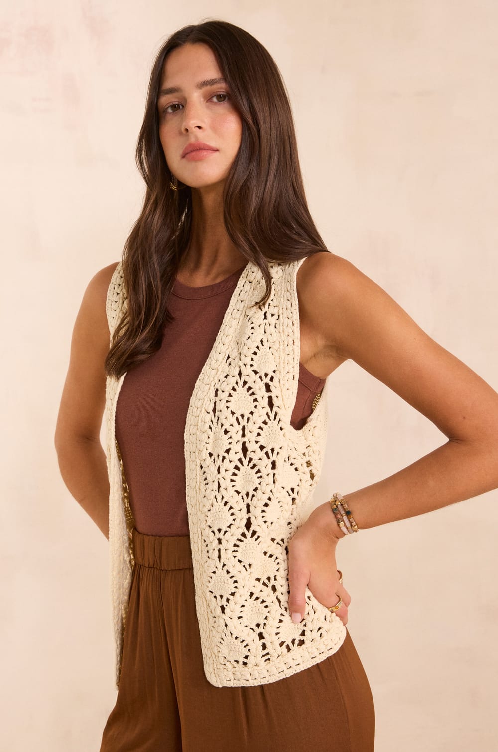 Sleeveless crocheted cotton vest ANGELE;${refinementColor}