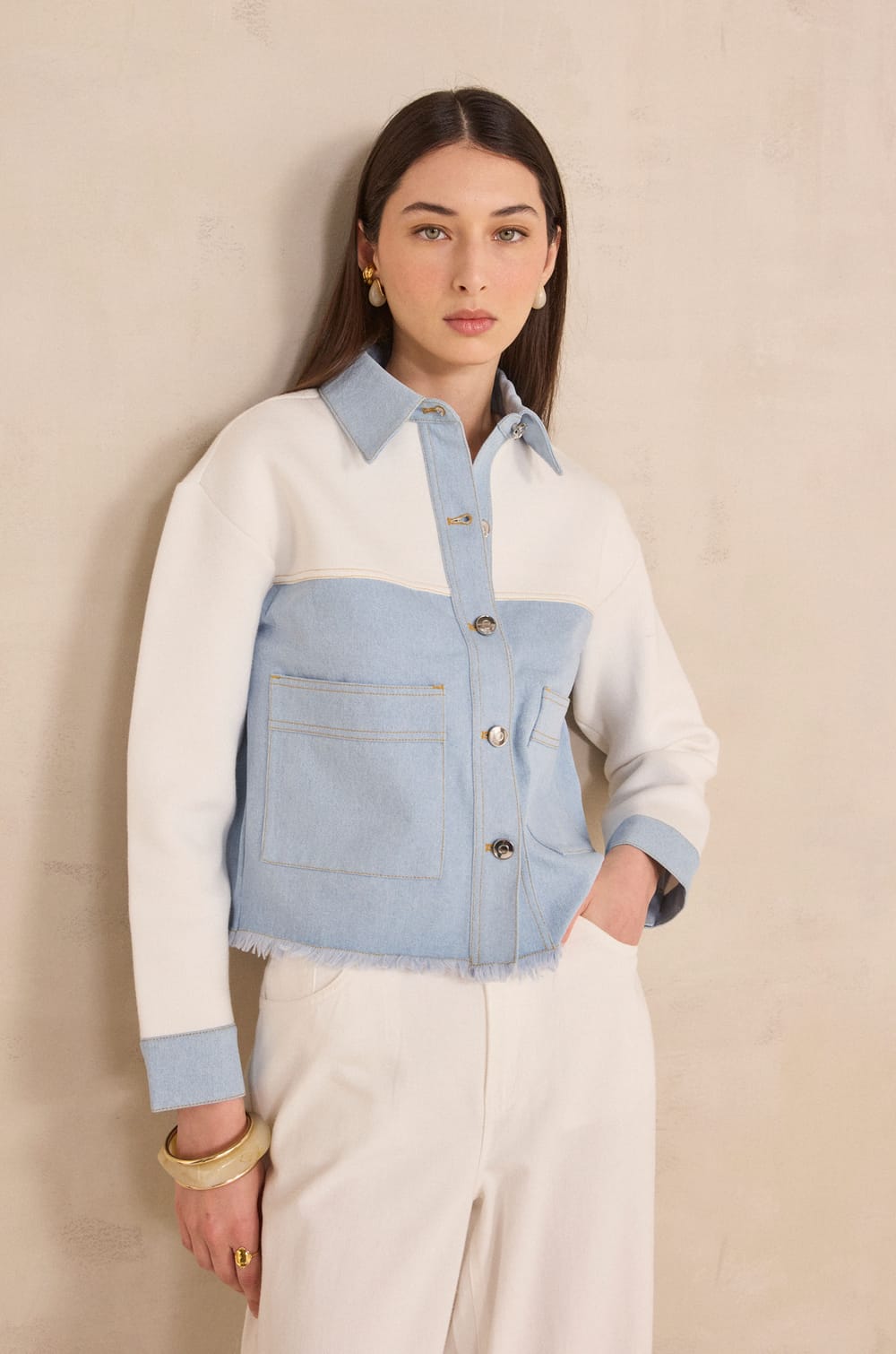 Long sleeve two-tone cotton PUNKY jacket;${refinementColor}