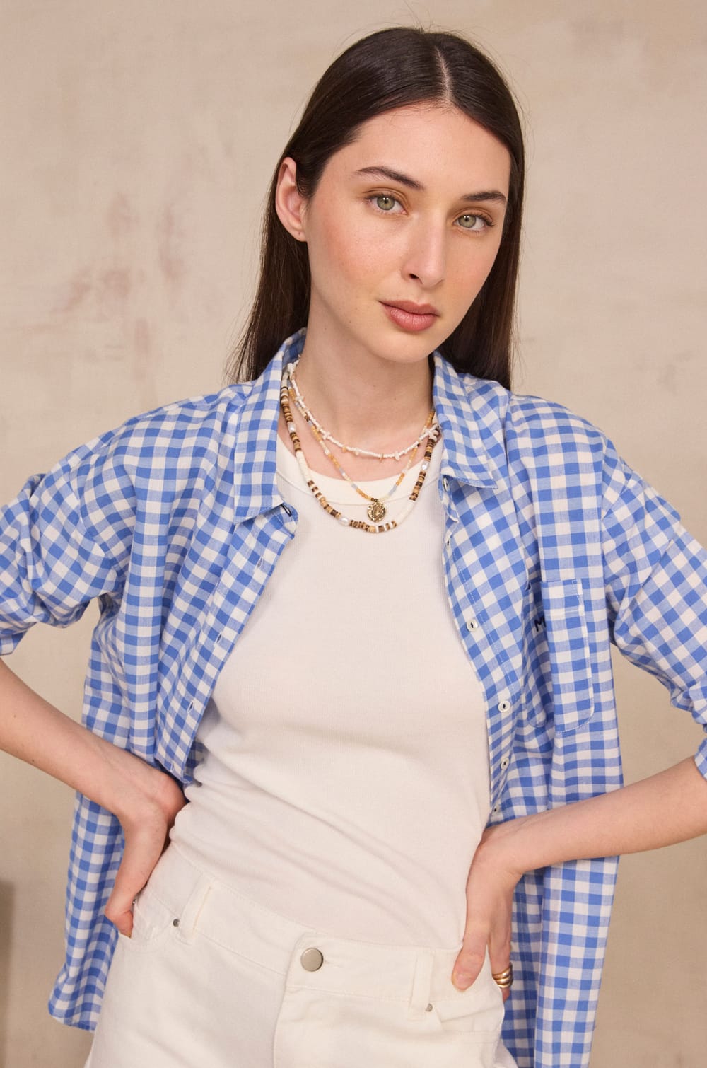 Long-sleeve cotton checkered shirt MARILOU;${refinementColor}