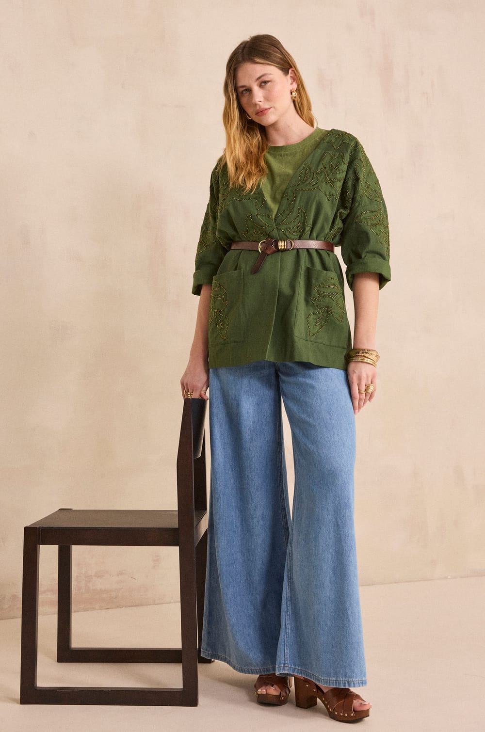 Embroidered 3/4 sleeve cotton jacket VOYAGE;${refinementColor}