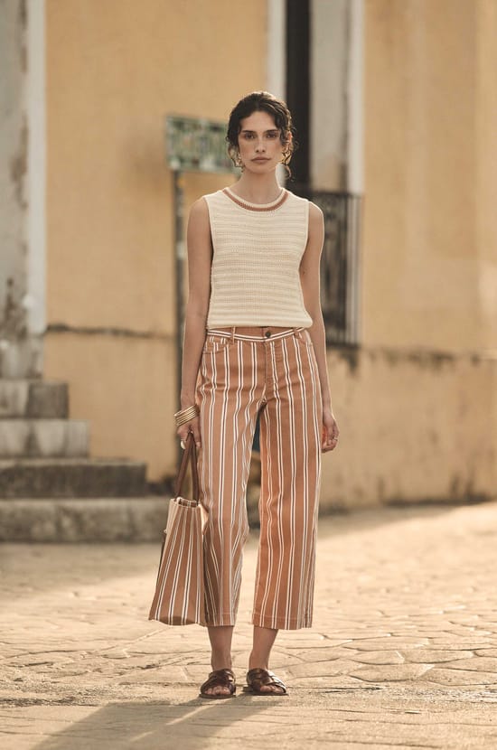 Pink striped cropped wide-leg pants;${refinementColor}
