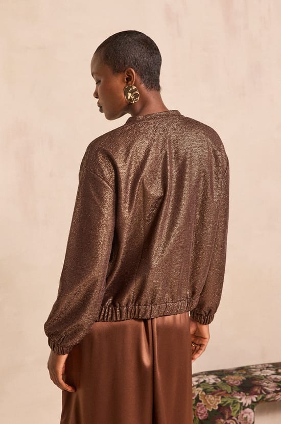 Teddy bomber jacket with sparkling threads;${refinementColor}