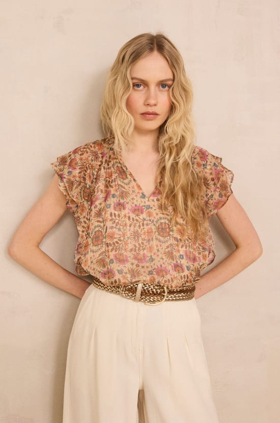 Top imprim&eacute; sans manches &agrave; volants SCARLET ;${refinementColor}