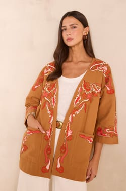 Embroidered 3/4 sleeve cotton jacket NOURIA;${refinementColor}