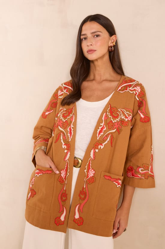 Embroidered 3/4 sleeve cotton jacket NOURIA;${refinementColor}