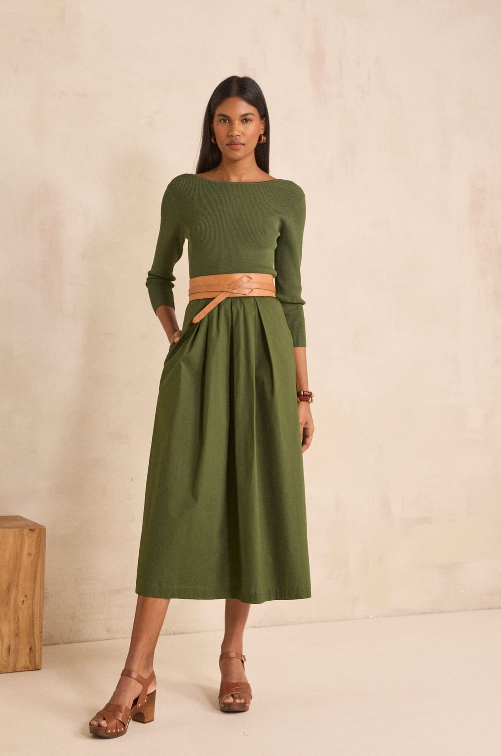 BLONDIE bi-material A-line dress;${refinementColor}