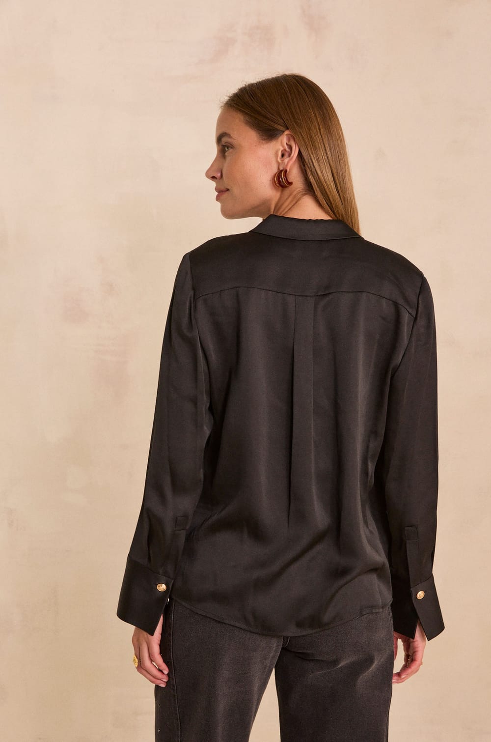 Black satin long-sleeved blouse MALAGA;${refinementColor}