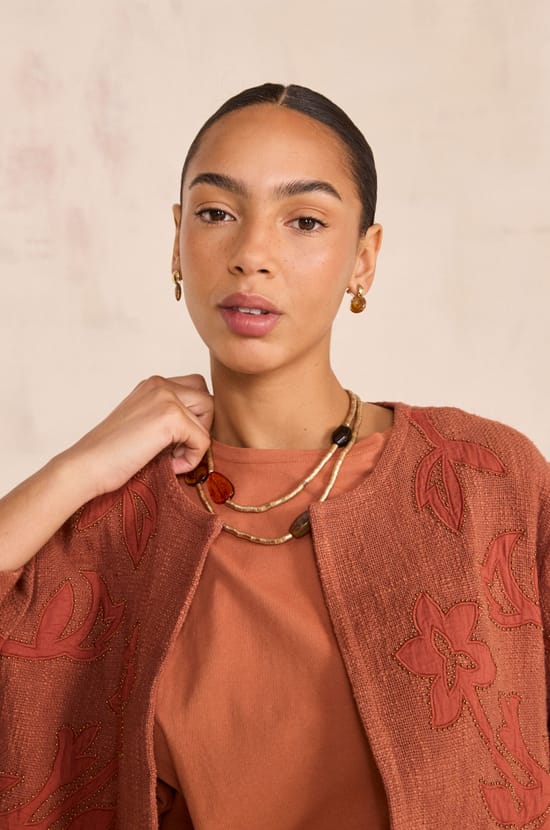 Embroidered 3/4 sleeve cotton jacket VITALIE;${refinementColor}